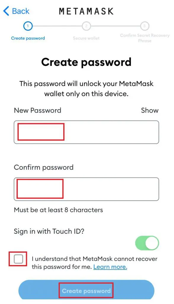 ایجاد رمز عبور اپلیکیشن meta mask